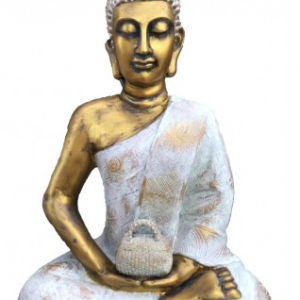 Gold & White Wash Thai Sitting Buddha With Money Bag