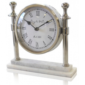 Round Silver Column Clock Marble Base 25cm