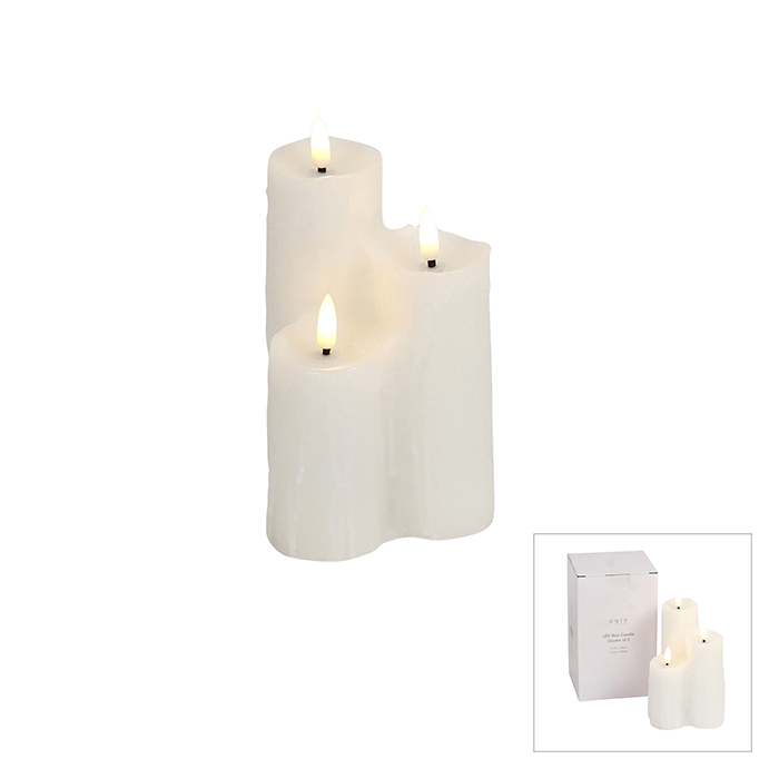 Led Wax Candle Cluster Of 3 White 19cm
