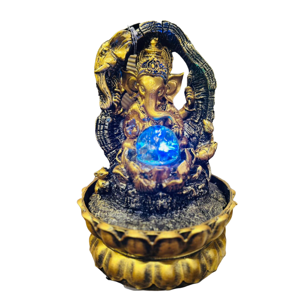Ganesha Gold Water Fountain with LED Ball 28cm