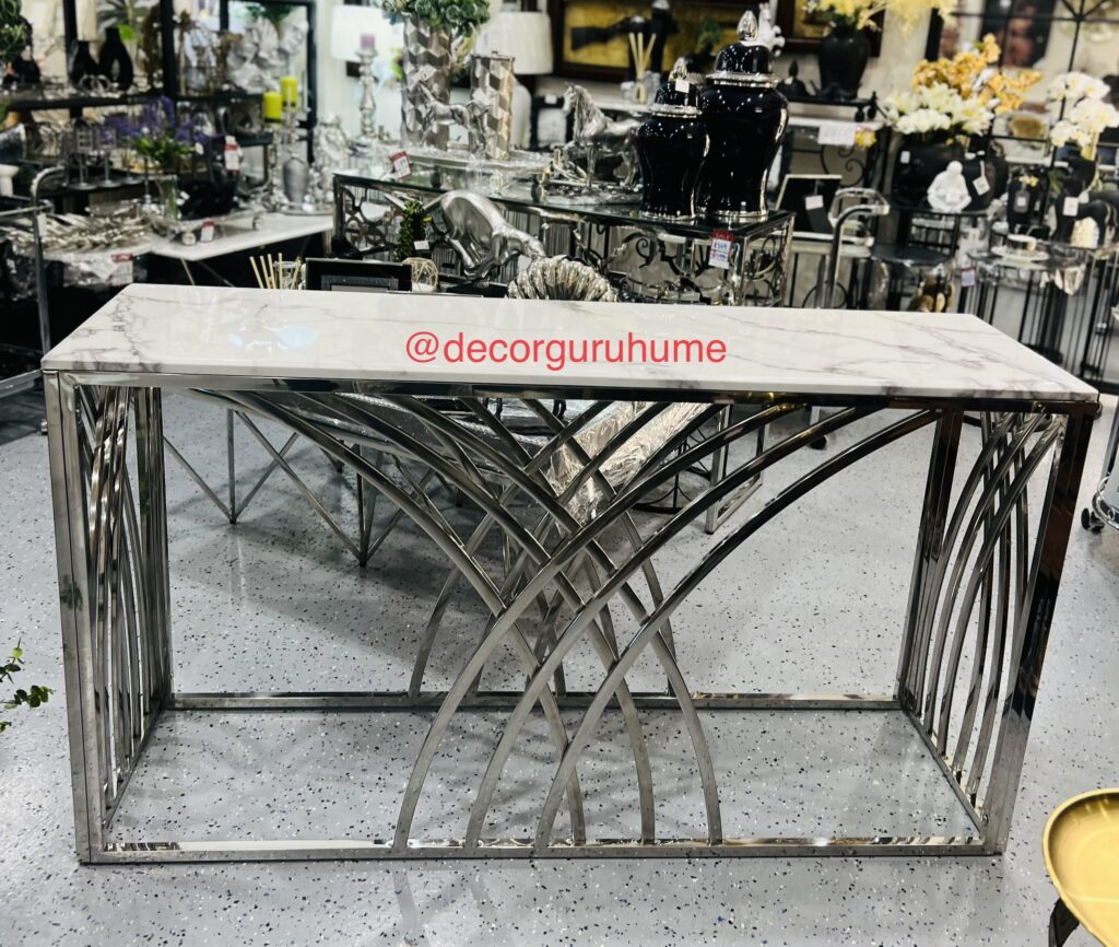 White Marble Top Silver Frame Arch Design Console Table