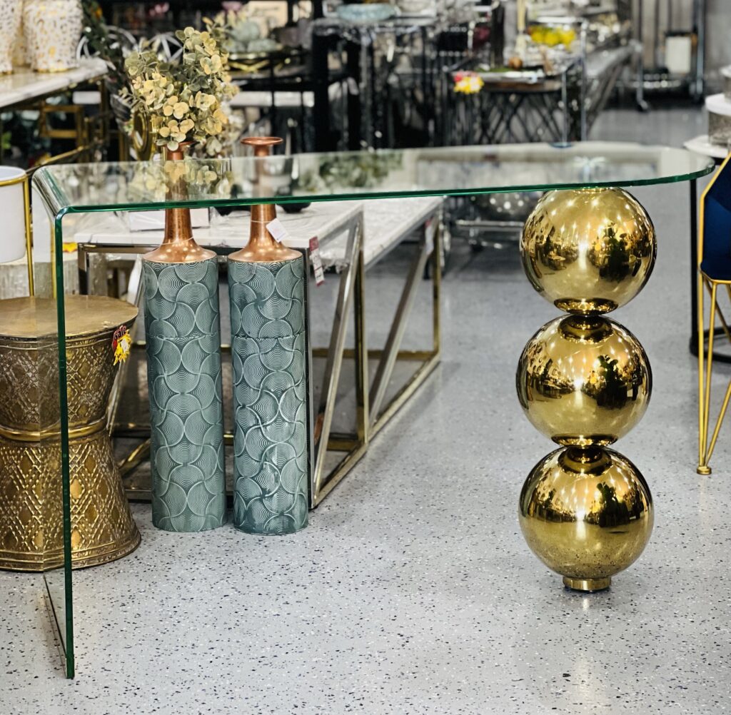 3 Gold Metal Balls Thick Tempered Glass Top Console Table