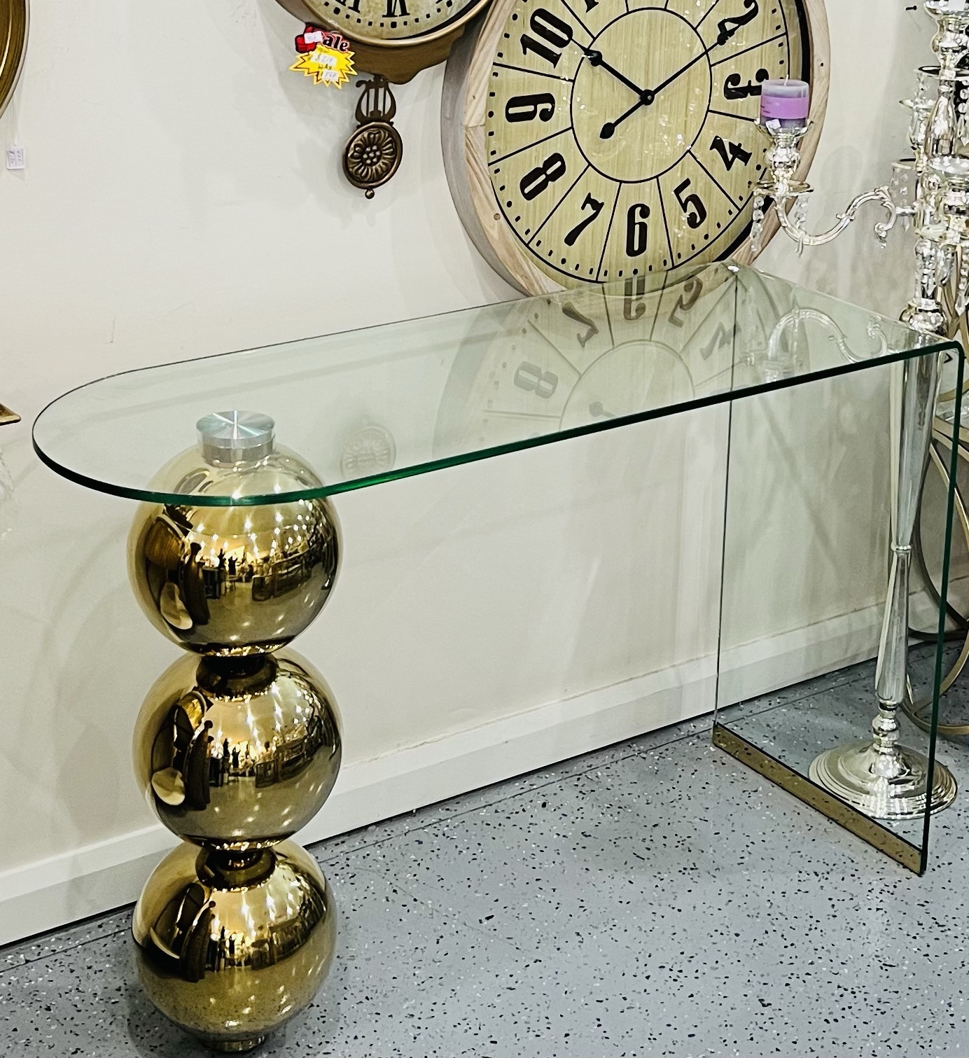 3 Gold Metal Balls Thick Tempered Glass Top Console Table Decor Guru