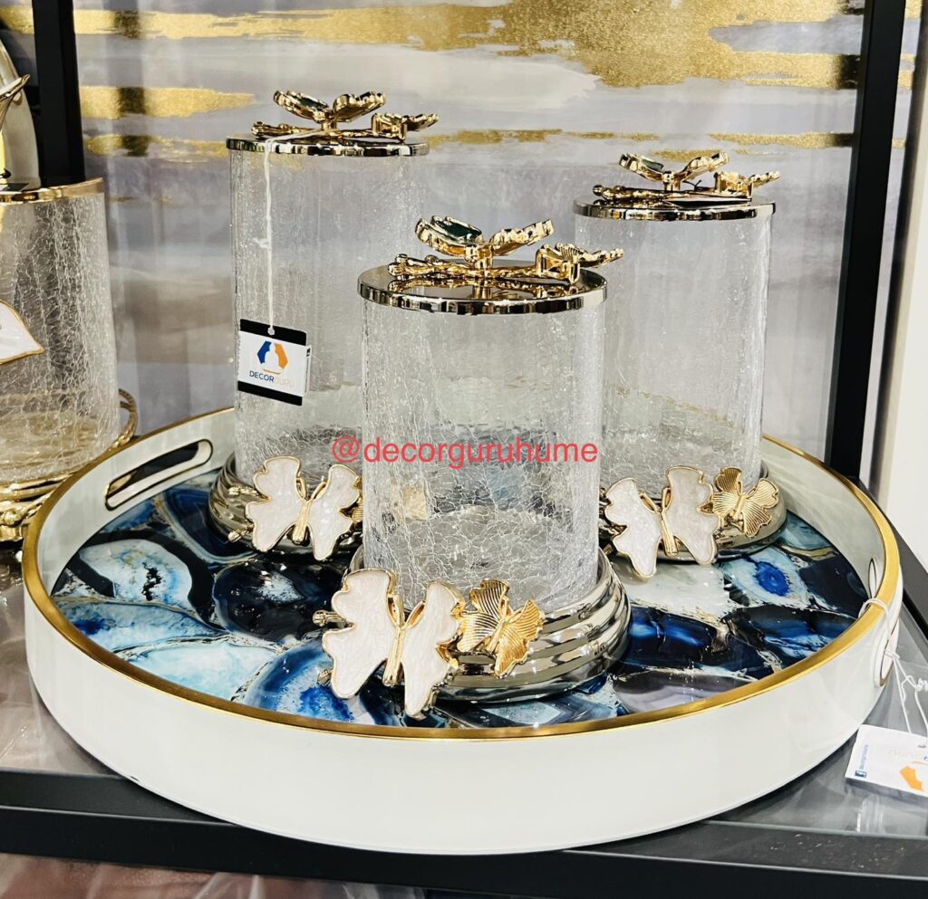 Butterfly Silver Metal and Cracked Glass Canisters