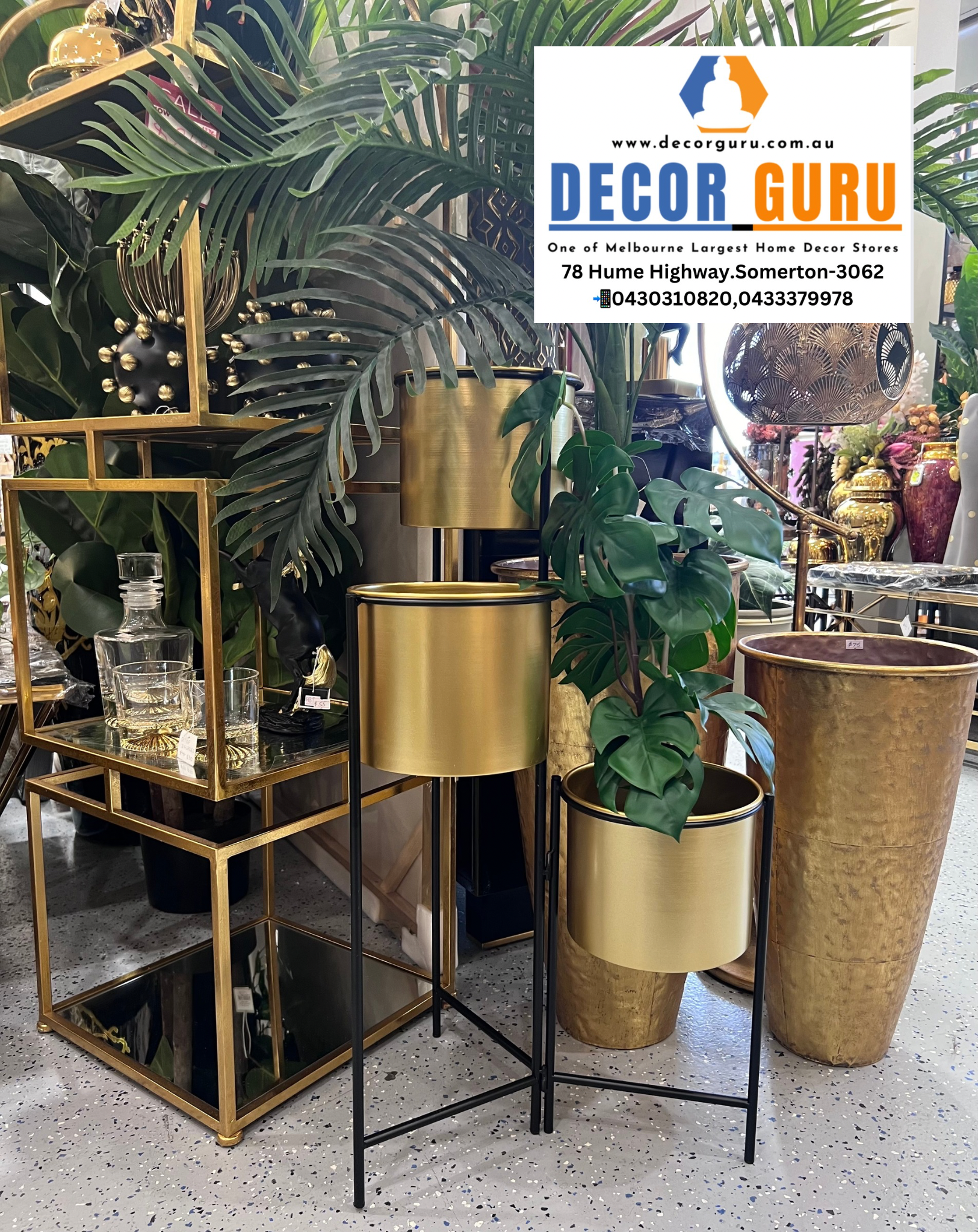 Metal Planter Stand Three Pot Gold Black 82cm