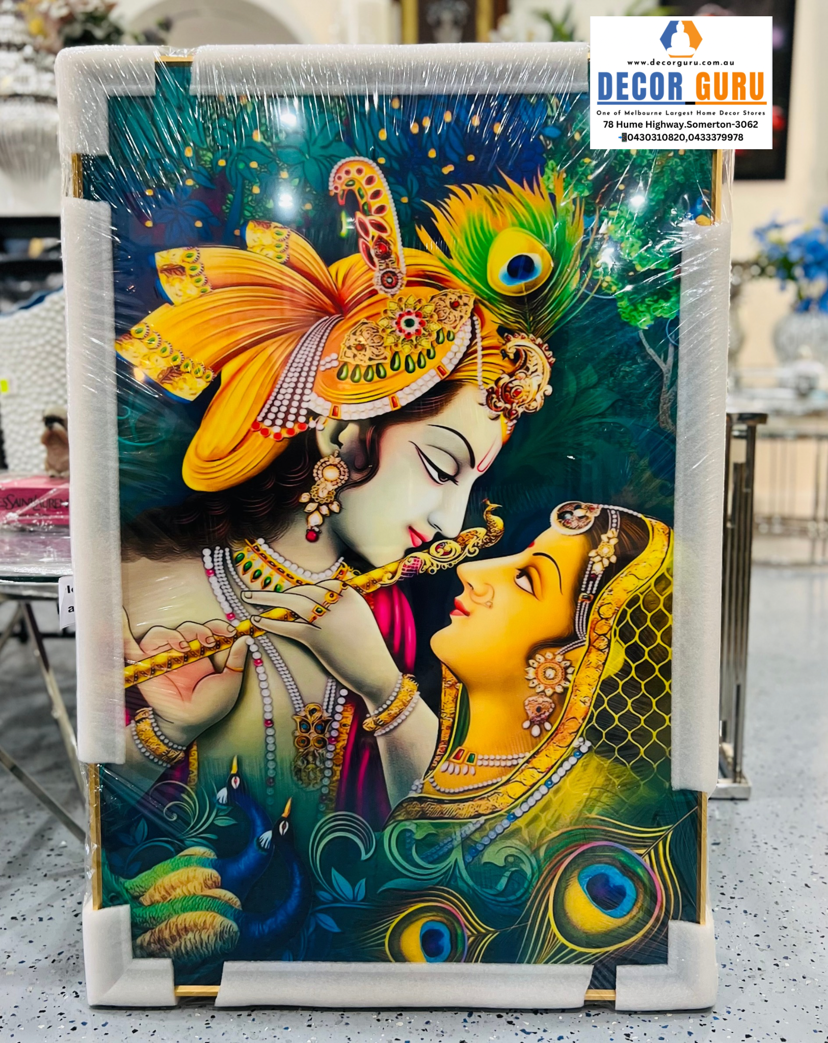 Radha Krishna Porcelain Wallart Gold Metal Frame
