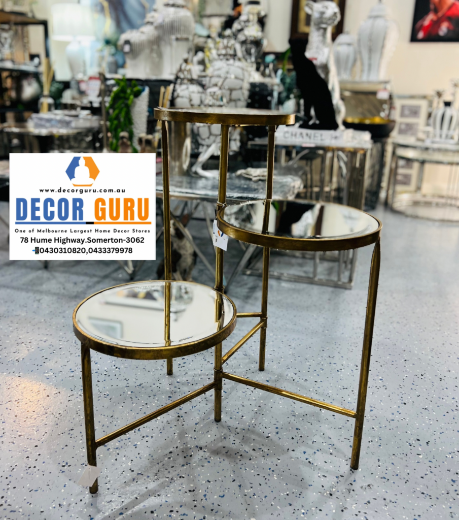 Mirrored Table Stand Three Tier Antique Gold 69cm